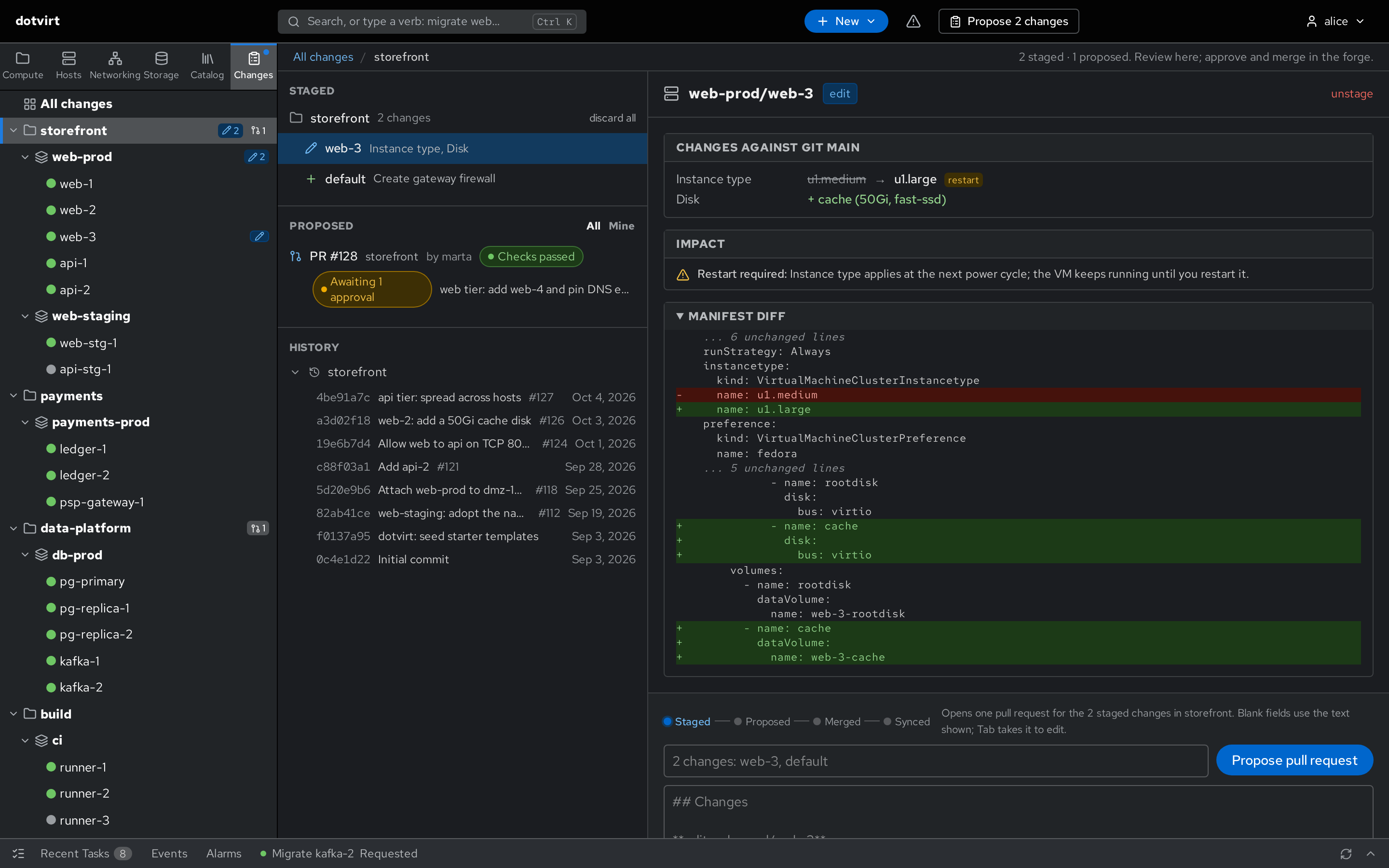 Changes workspace: staged edits, an open pull request, commit history and a manifest diff