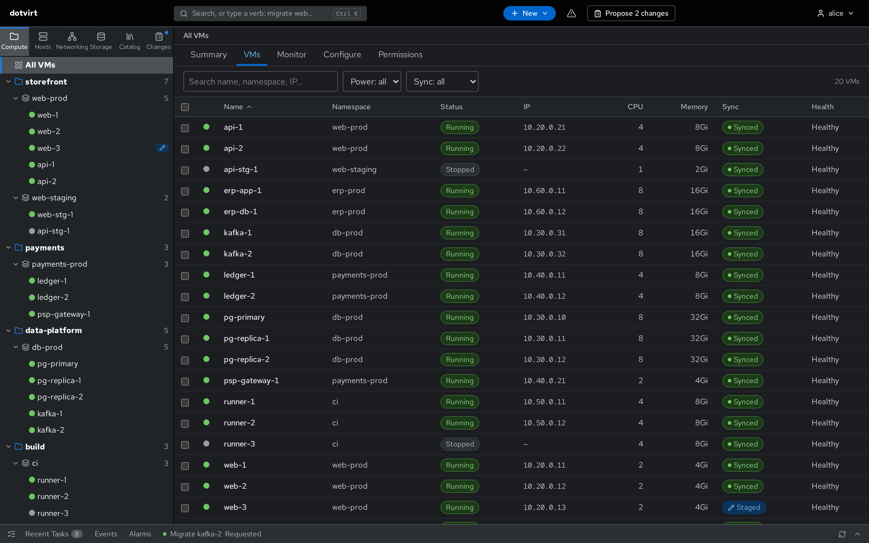 VM table: twenty virtual machines with status, address, size, sync state and health