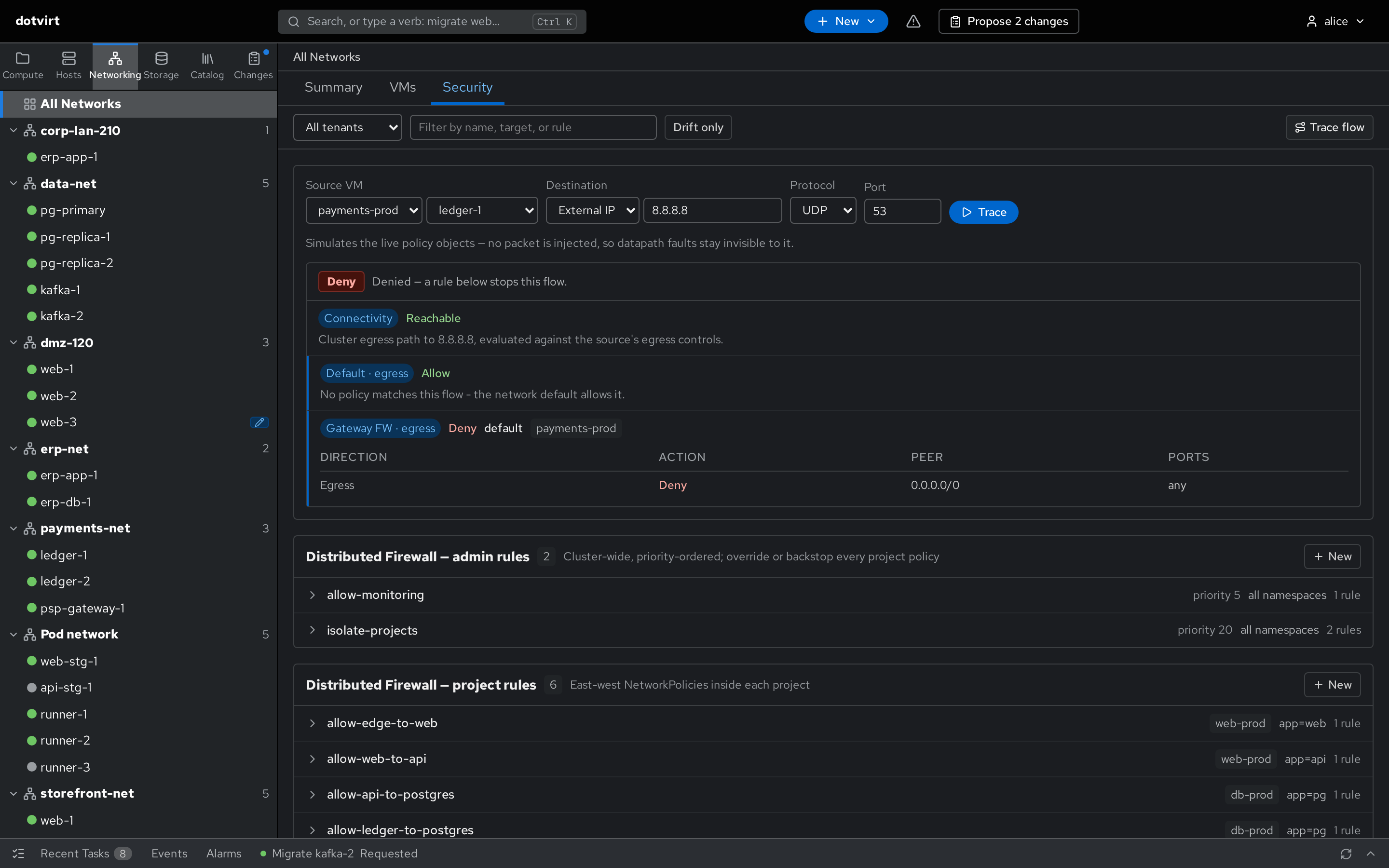 Security view: a traced DNS flow denied by a gateway firewall rule, above the firewall tiers